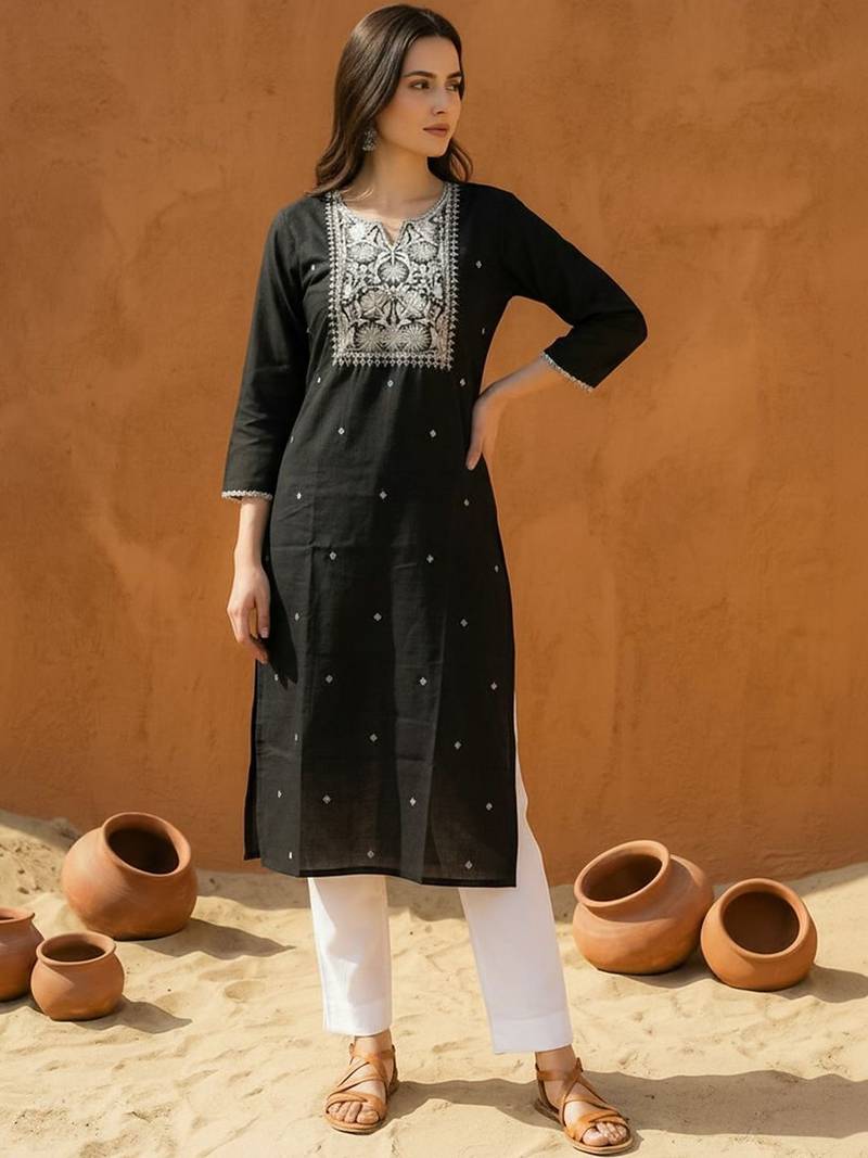Black women ethnic motifs embroidered thread work kurta