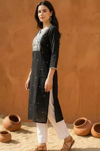Black women ethnic motifs embroidered thread work kurta