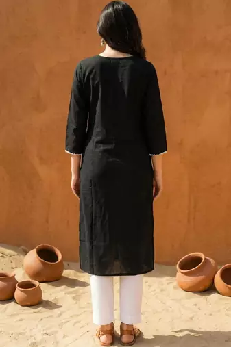 Black women ethnic motifs embroidered thread work kurta