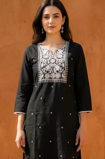 Black women ethnic motifs embroidered thread work kurta