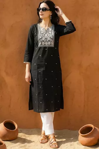Black women ethnic motifs embroidered thread work kurta