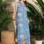 Blue floral printed lapel collar linen kurta with trousers