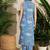 Blue floral printed lapel collar linen kurta with trousers