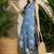 Blue floral printed lapel collar linen kurta with trousers