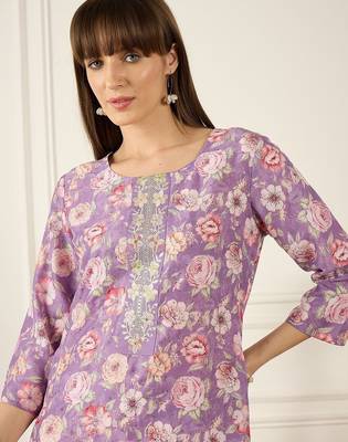Lavender floral printed cotton thread work straight kurta 1