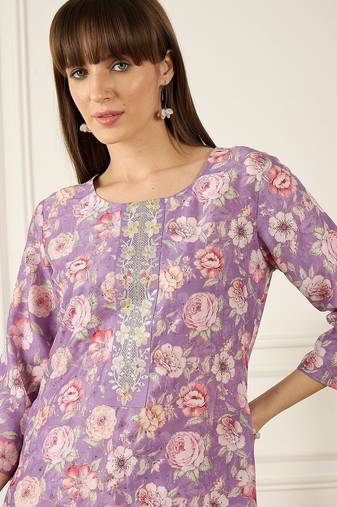 Lavender floral printed cotton thread work straight kurta