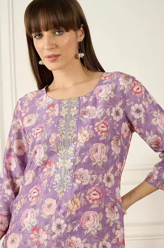 Lavender floral printed cotton thread work straight kurta