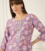 Lavender floral printed cotton thread work straight kurta