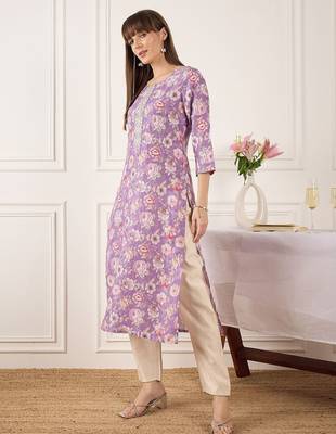 Lavender floral printed cotton thread work straight kurta 3