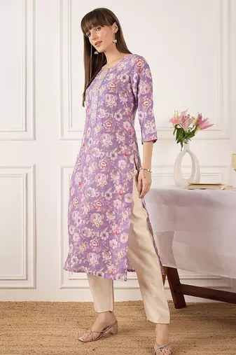 Lavender floral printed cotton thread work straight kurta