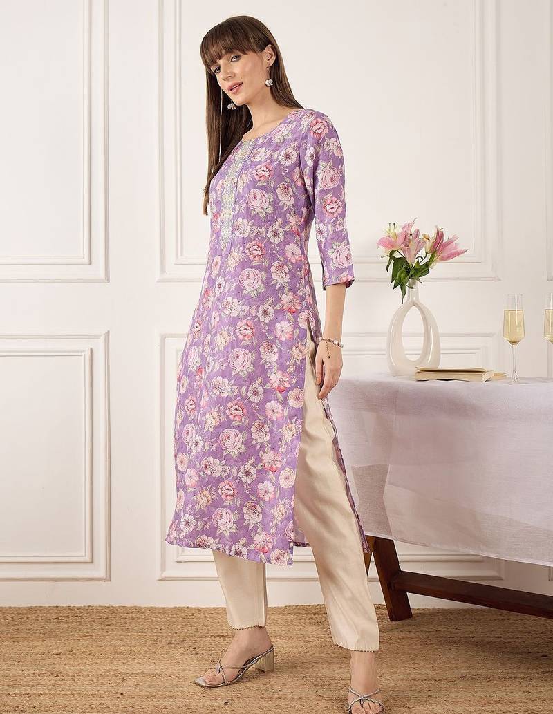 Lavender floral printed cotton thread work straight kurta