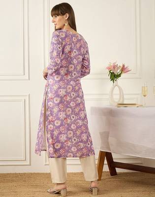 Lavender floral printed cotton thread work straight kurta 4