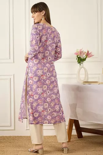 Lavender floral printed cotton thread work straight kurta