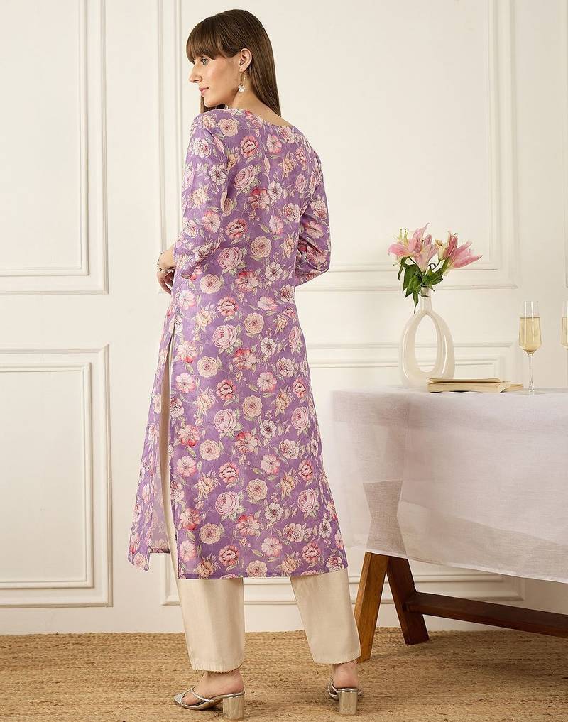 Lavender floral printed cotton thread work straight kurta