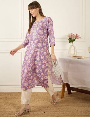 Lavender floral printed cotton thread work straight kurta 5