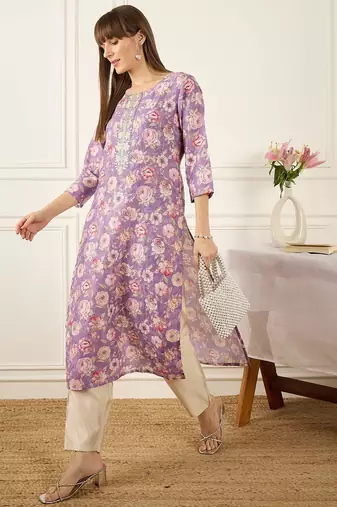 Lavender floral printed cotton thread work straight kurta