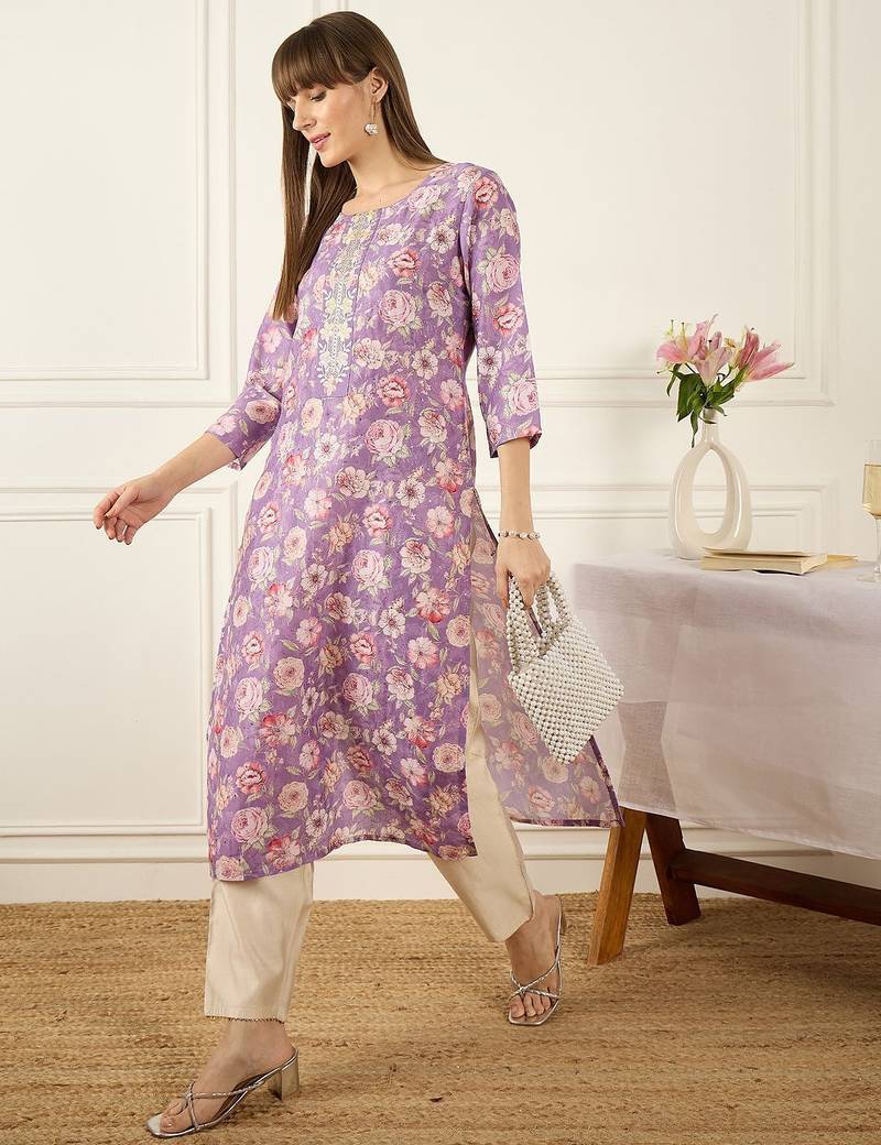 Lavender floral printed cotton thread work straight kurta