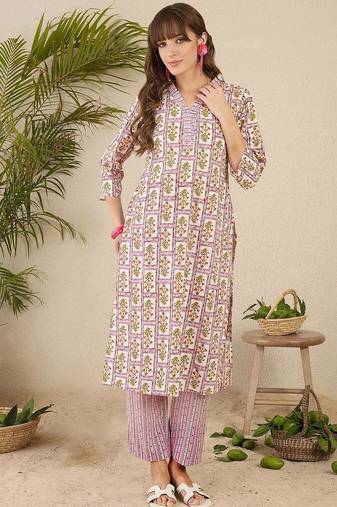 Lavender women floral printed regular pure cotton kurta with trousers