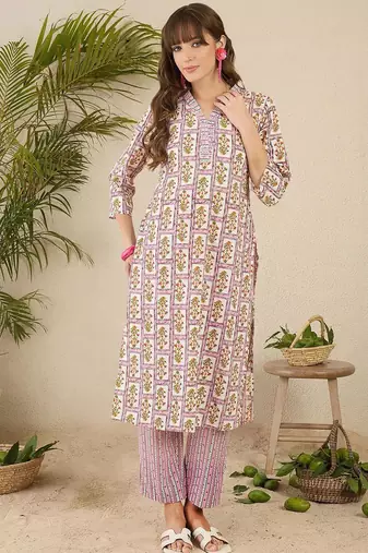 Lavender women floral printed regular pure cotton kurta with trousers