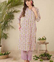 Lavender women floral printed cotton kurta with trousers