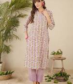 Lavender women floral printed cotton kurta with trousers