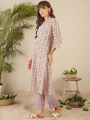 Lavender women floral printed cotton kurta with trousers 4