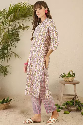 Lavender women floral printed regular pure cotton kurta with trousers