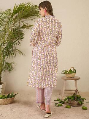 Lavender women floral printed cotton kurta with trousers 5