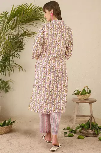 Lavender women floral printed regular pure cotton kurta with trousers