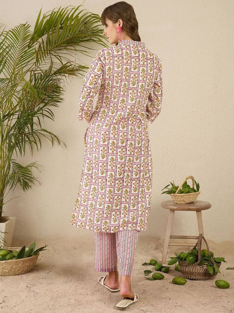 Lavender women floral printed regular pure cotton kurta with trousers