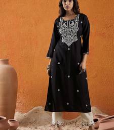 Black floral embroidered notch neck thread work straight kurta