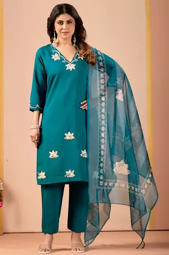 Teal blue floral embroidered kurta pant set with linen dupatta for women