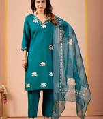Teal blue floral embroidered kurta pant set with linen dupatta for women
