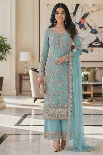Sky blue color girlie butterfly net ceremonial salwar kameez for glamorous looks