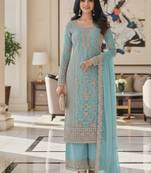 Sky blue color girlie butterfly net ceremonial salwar kameez for glamorous looks