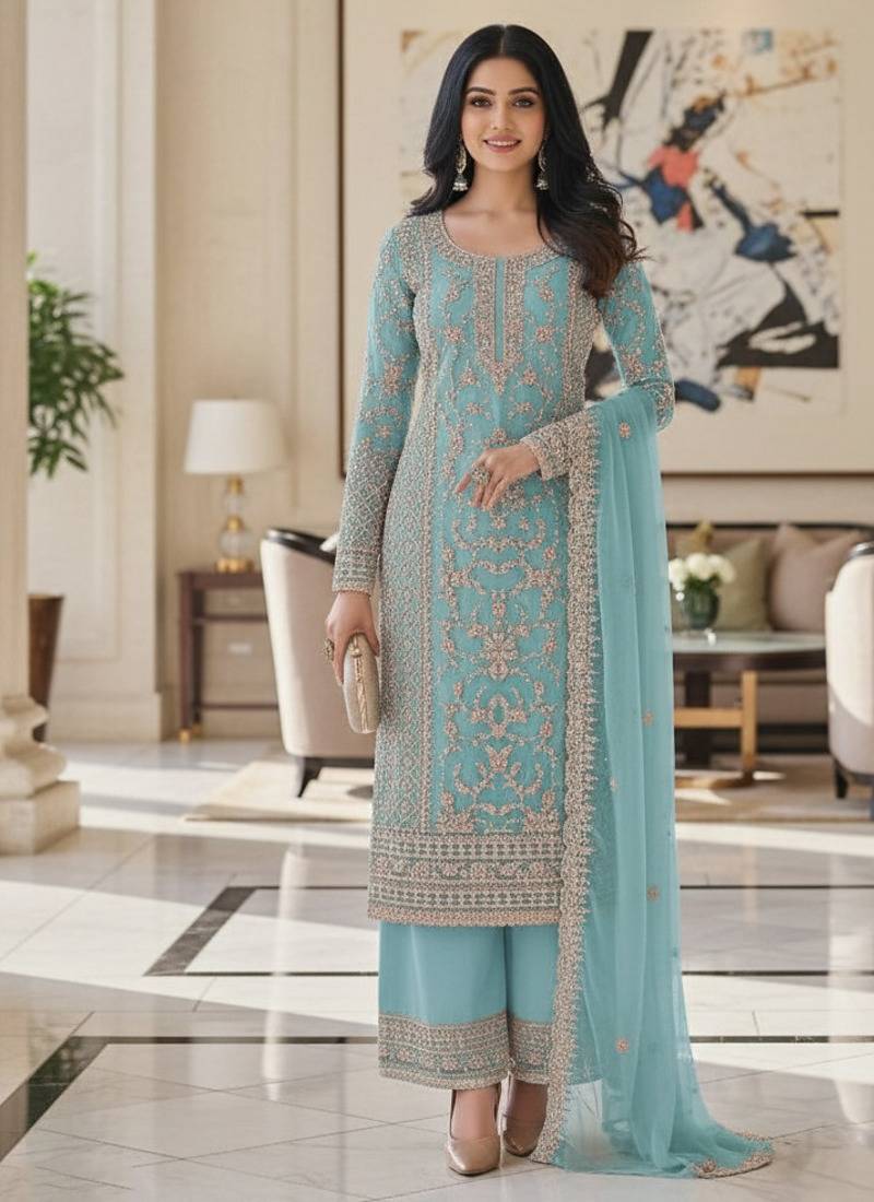 Sky blue color girlie butterfly net ceremonial salwar kameez for glamorous looks