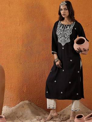 Black floral embroidered notch neck thread work straight kurta 5