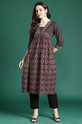 Black women ethnic motifs printed a-line kurtas