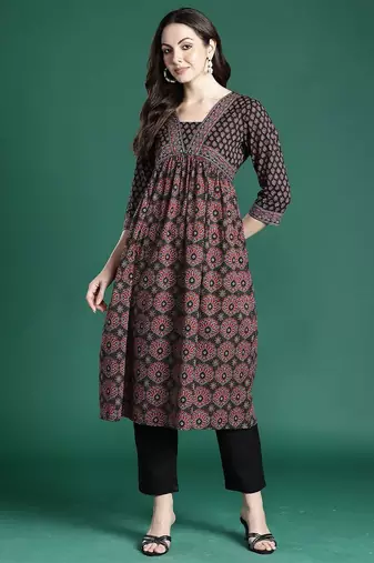 Black women ethnic motifs printed a-line kurtas