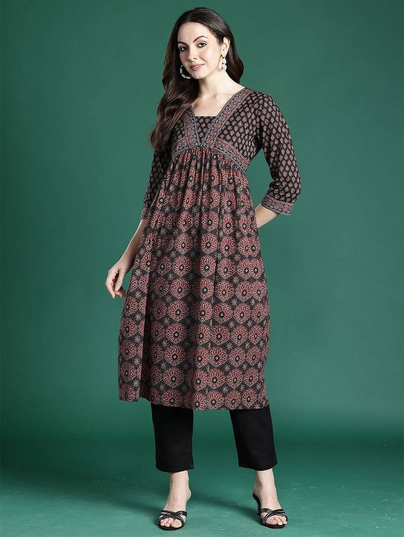 Black women ethnic motifs printed a-line kurtas