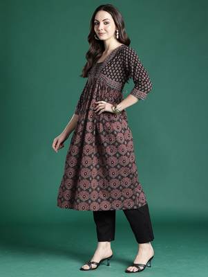 Black women ethnic motifs printed a-line kurtas 3