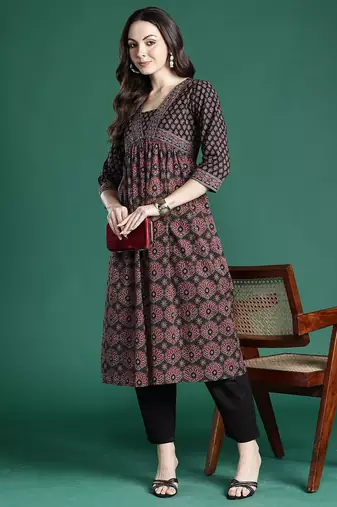 Black women ethnic motifs printed a-line kurtas