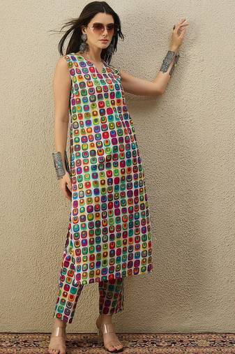 Multicolor women printed regular multicolor color pure cotton kurta with trousers