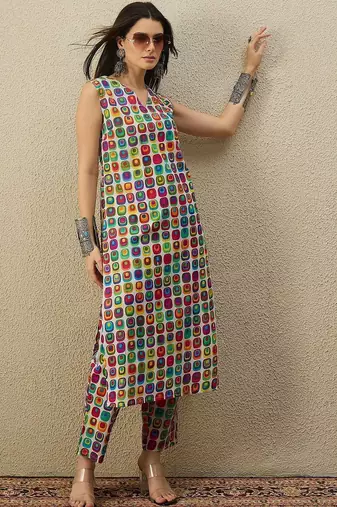 Multicolor women printed regular multicolor color pure cotton kurta with trousers