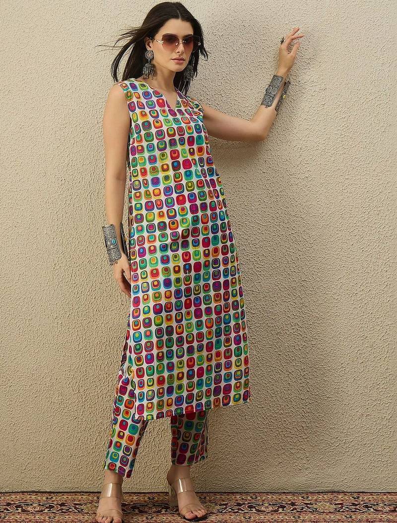 Multicolor women printed regular multicolor color pure cotton kurta with trousers