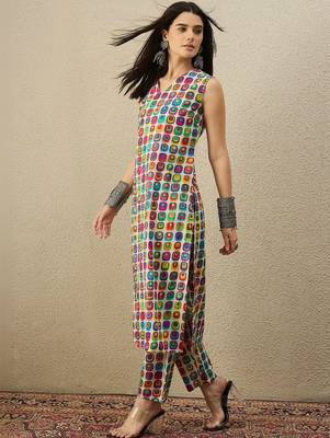 Multicolor women printed multicolor color cotton kurta with trousers 3