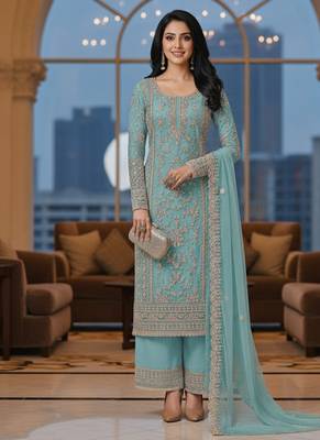 Sky blue color girlie butterfly net ceremonial salwar kameez for glamorous looks 2