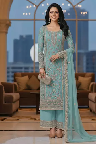 Sky blue color girlie butterfly net ceremonial salwar kameez for glamorous looks