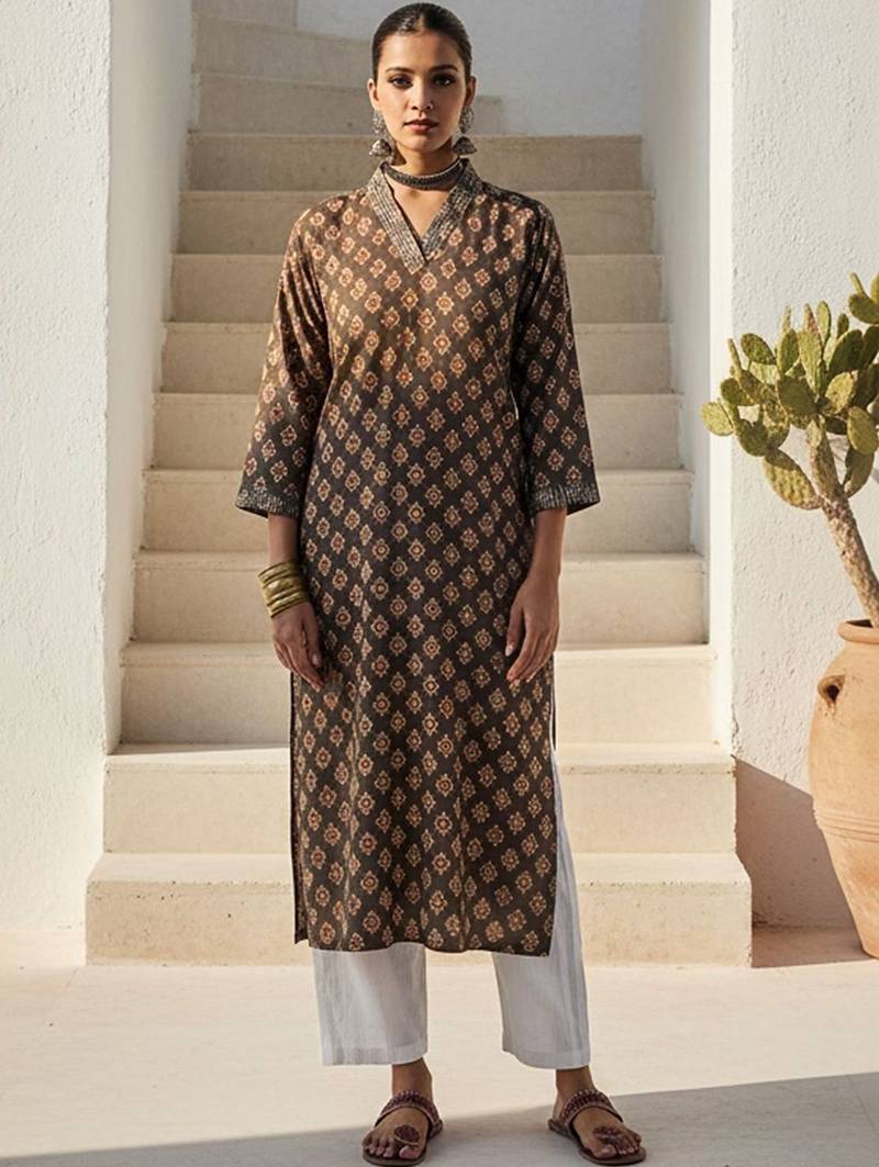 Grey women ethnic motifs printed sequinned kurta