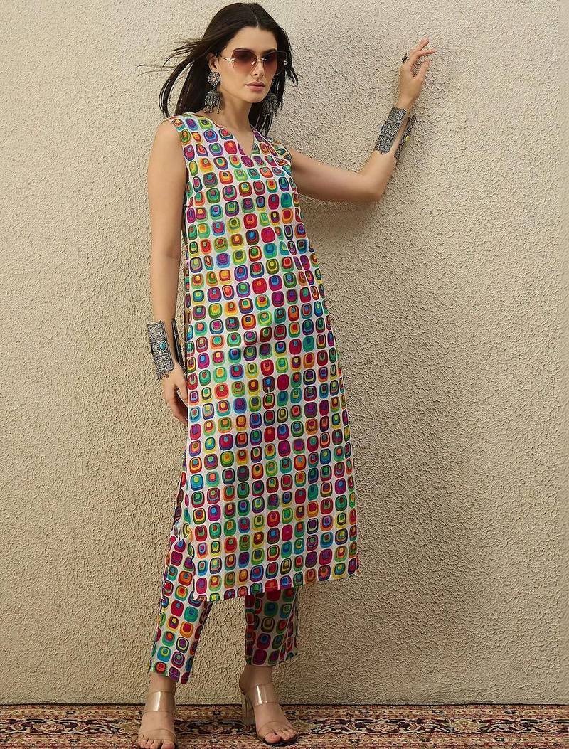 White women printed regular multicolor color pure cotton kurta with trousers